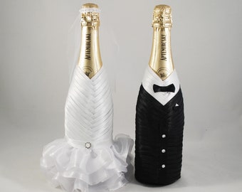 Juego de botellas para novios, blanco y negro, decoración para botellas de boda, fundas para botellas de champán, botella de ropa, regalo para boda
