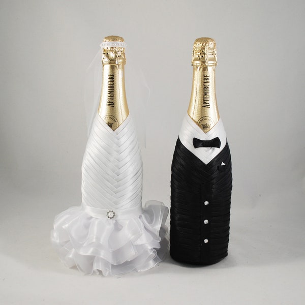 Bride groom bottle set white black, Wedding bottle decoration, Champagne bottle decor koozies, Сlothes  bottle, Gift for wedding