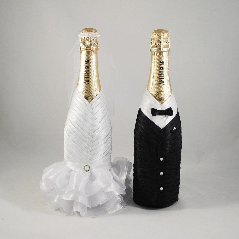 Bride groom bottle set white black, Wedding bottle decoration, Champagne bottle decor koozies, Сlothes bottle, Gift for wedding image 1