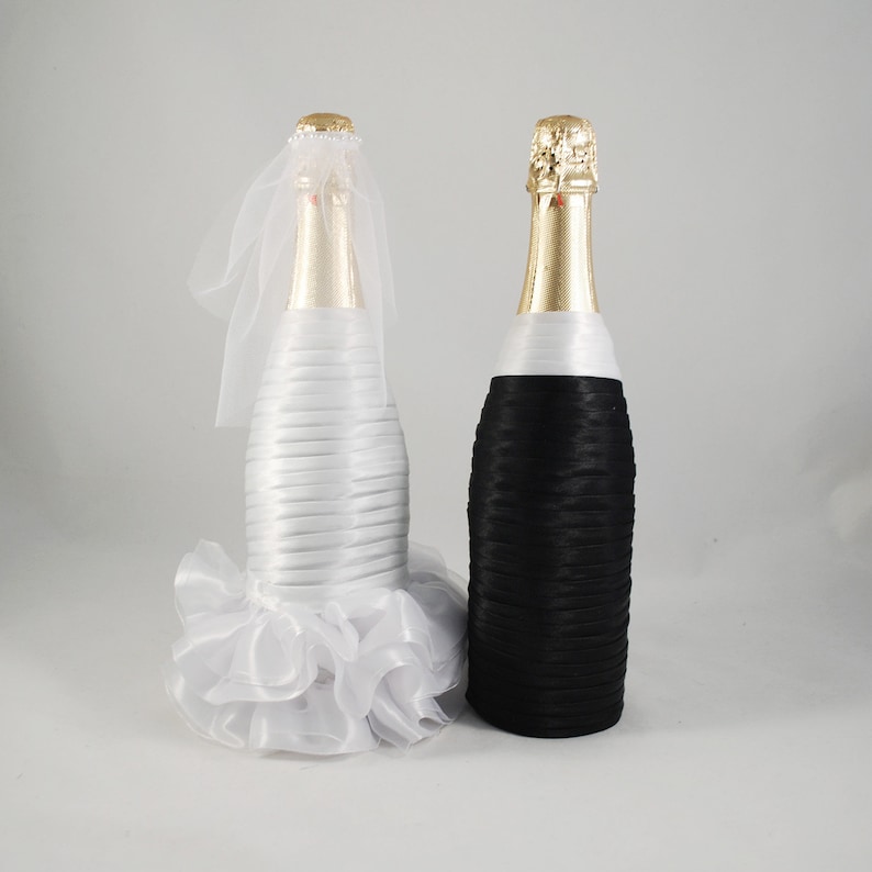 Bride groom bottle set white black, Wedding bottle decoration, Champagne bottle decor koozies, Сlothes bottle, Gift for wedding image 2