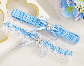 Set garter blue white for bride, Wedding lingerie, Plus size garter, Elegant lace satin garter, Something blue lace garter