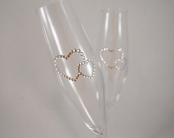 Hochzeitsflöten mit Kristallherzen, Hochzeitsgläser Champagner Strasssteine, 2er Set Toasten, Sektgläser, Geschenk zur Hochzeit