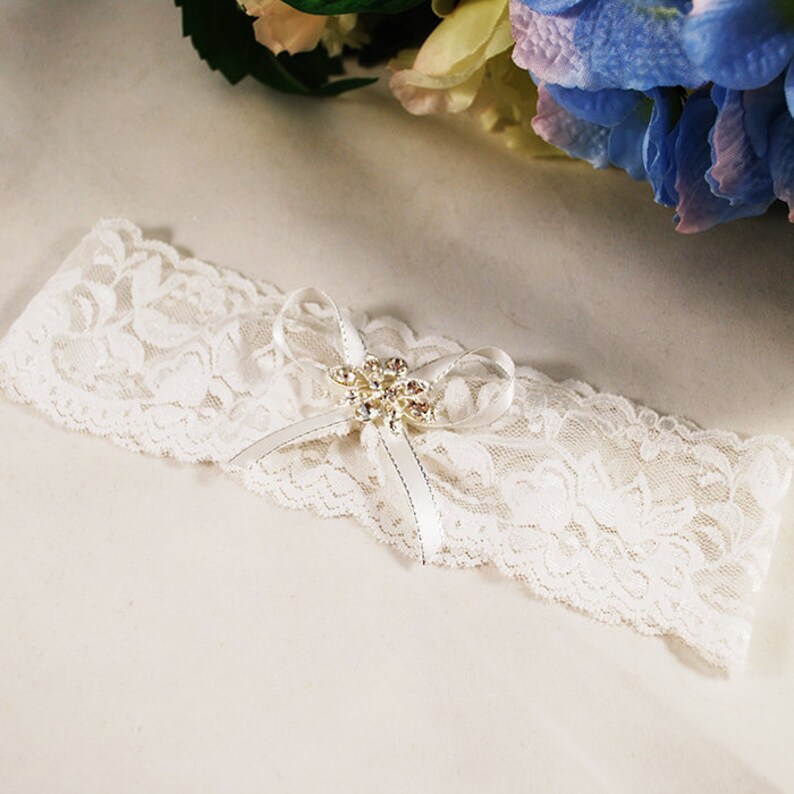 White lace stretch garter Bridal leg garter belt Rhinestone Etsy