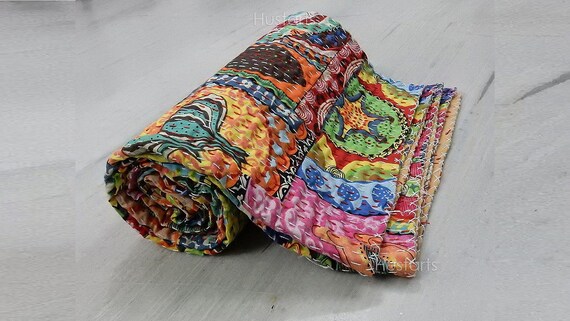 Indian Vintage Kantha Quilt Handmade Throw Reversible Cotton Blankets 1 Quilt Assorted Colors