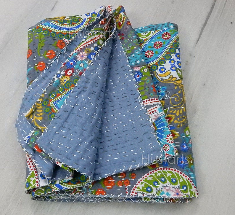 Reversible Twin Kantha Quilt Handmade Vintage Throw Bohemian blanket Indian Bedspread Coverlet Gudri