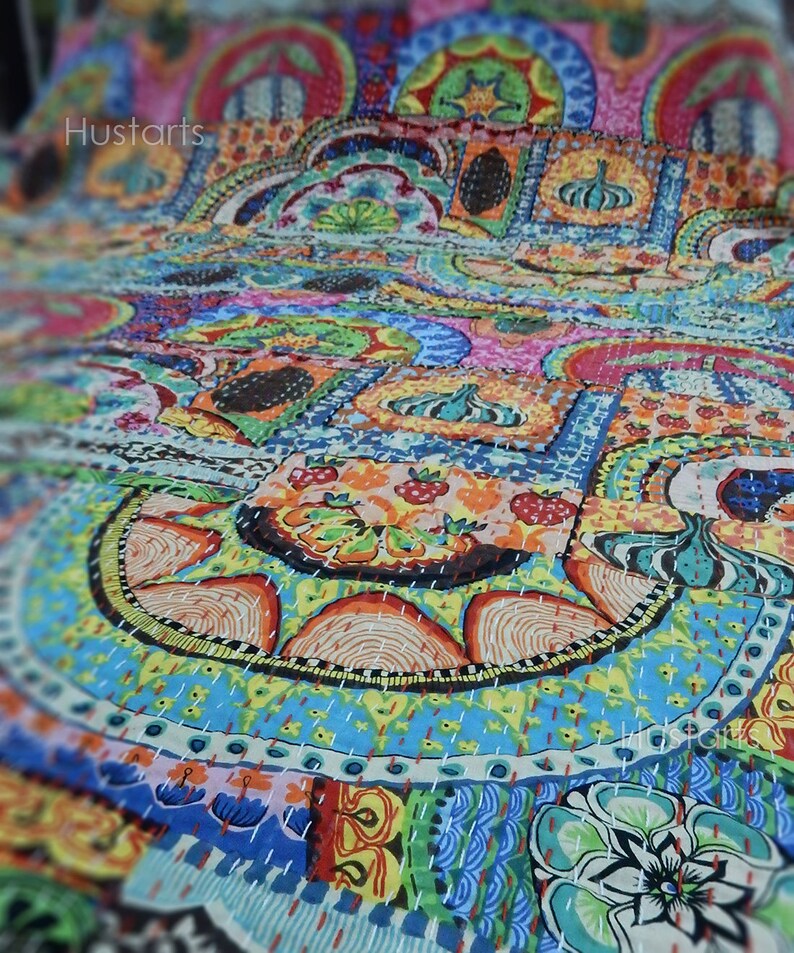 Reversible Vintage Queen Kantha Quilt Handmade Throw Bohemian Etsy