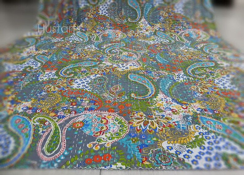 Reversible Twin Kantha Quilt Handmade Vintage Throw Bohemian blanket Indian Bedspread Coverlet Gudri