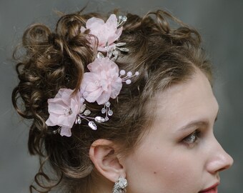Bridal hair set for bride, Bridal hair pins, Wedding hair pins, Pink flower hair piece, Hair pins crystal, bridal hair pin, hair comb