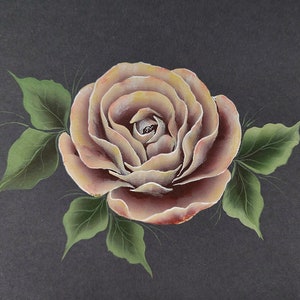 May include: A single, pale pink rose with a yellow centre, painted on a black background. The rose has several layers of petals and is surrounded by three green leaves.