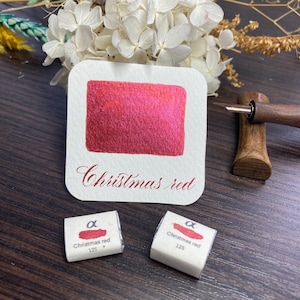 May include: A swatch of "Christmas red" ink on a white card, with the name written in cursive. Two small, square ink samples are labeled "Christmas red 125." A wooden pen holder and dried flowers are in the background.