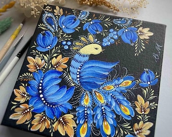 Custom acrylic art, hand painted original artwork, Ukrainian ethnic style, Ukrainian painting, acrylic painting, Petrykivka, Ukraine