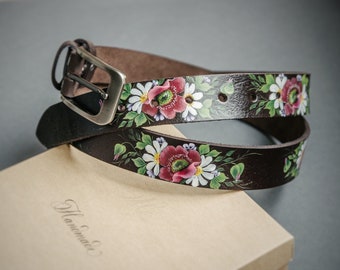 Handmade Black Leather Belt: Hand-tooled Floral Design - Etsy display picture 3