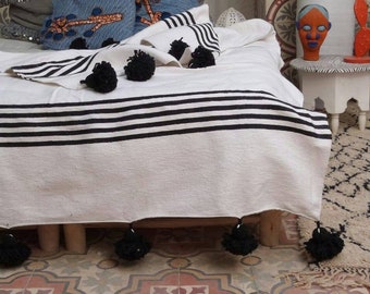 FREE SHIPPING Black White cotton striped throw moroccan pompom blanket