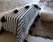 Moroccan pom pom blankets with tassels throw blankets, striped blankets,cover bed, cotton blankets,handmade blanket,black and white blanket