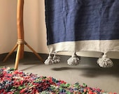 Blue cotton blanket pom pom throw blanket,bed spread,coverbed,bohemain decor,cotton blanket,handmade, blue gray cotton blanket