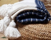 Moroccan pom pom blankets with tassels throw blankets, striped blankets,cover bed, cotton blankets,handmade blanket,white and blue blanket