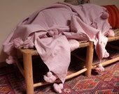 Moroccan pom pom blankets,baby pink throw blankets, coverbed, cotton blankets,handmade blanket, baby pink blanket