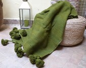 FREE SHIPPING Moroccan throw blanket,pom pom green blankets,bed spread,wool moroccan bedding,pom pom throw blanket,berber moroccan