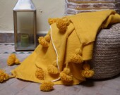 Moroccan blanket,pom pom yellow blankets,bed spread,moroccan throw blanket,wool moroccan bedding,pom pom throw blanket,berber moroccan decor