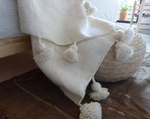 FREE SHIPPING moroccan pom pom blankets, throw blankets, coverbed, wool blankets,handmade blanket, white blanket