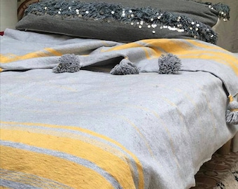 FREE SHIPPING grey and yellow cotton striped throw moroccan pompom blanket throw blanket queen size blanket pompom blanket coach