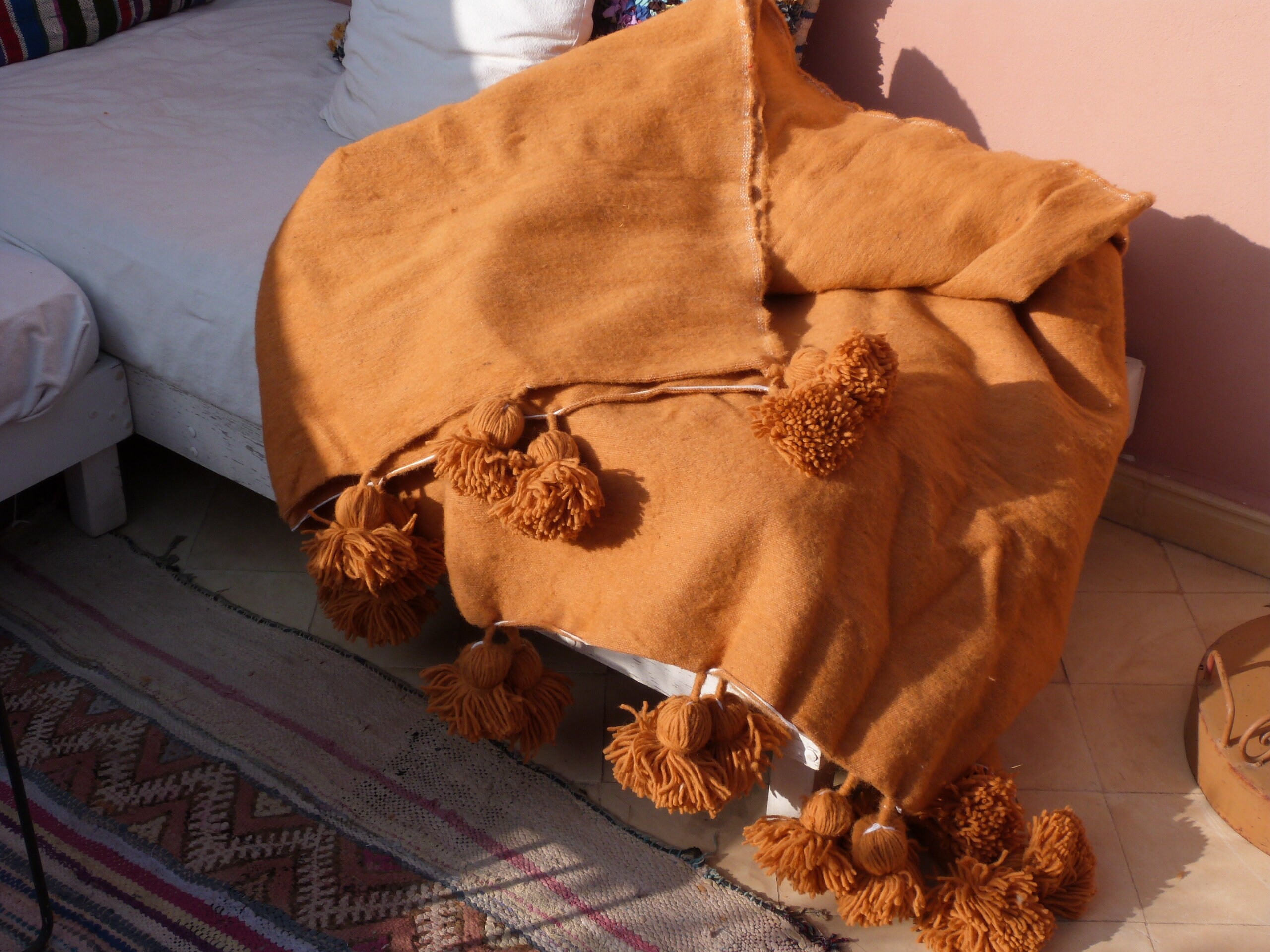 Moroccan blanketpom pom orange blanketsbed spreadmoroccan Etsy