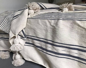 Moroccan pom pom blankets, throw blankets, coverbed, cotton blankets,handmade blanket,off white grey blanket