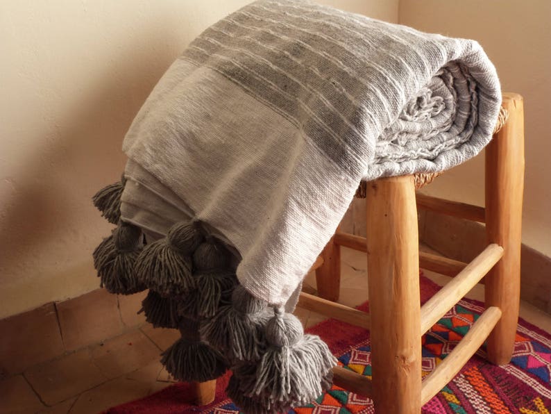 Moroccan pompom blanket with tassels throw blanket striped Etsy