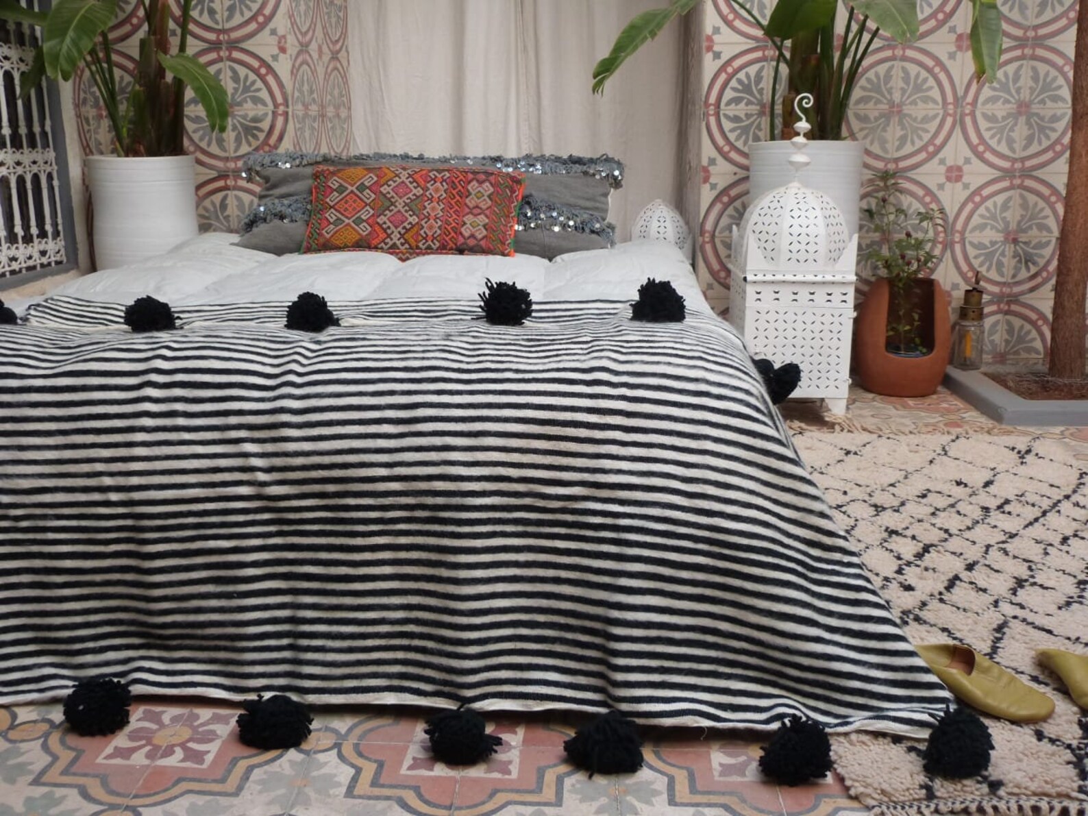 Throw Blankets and Throw Black and White Pompom Blanket Etsy