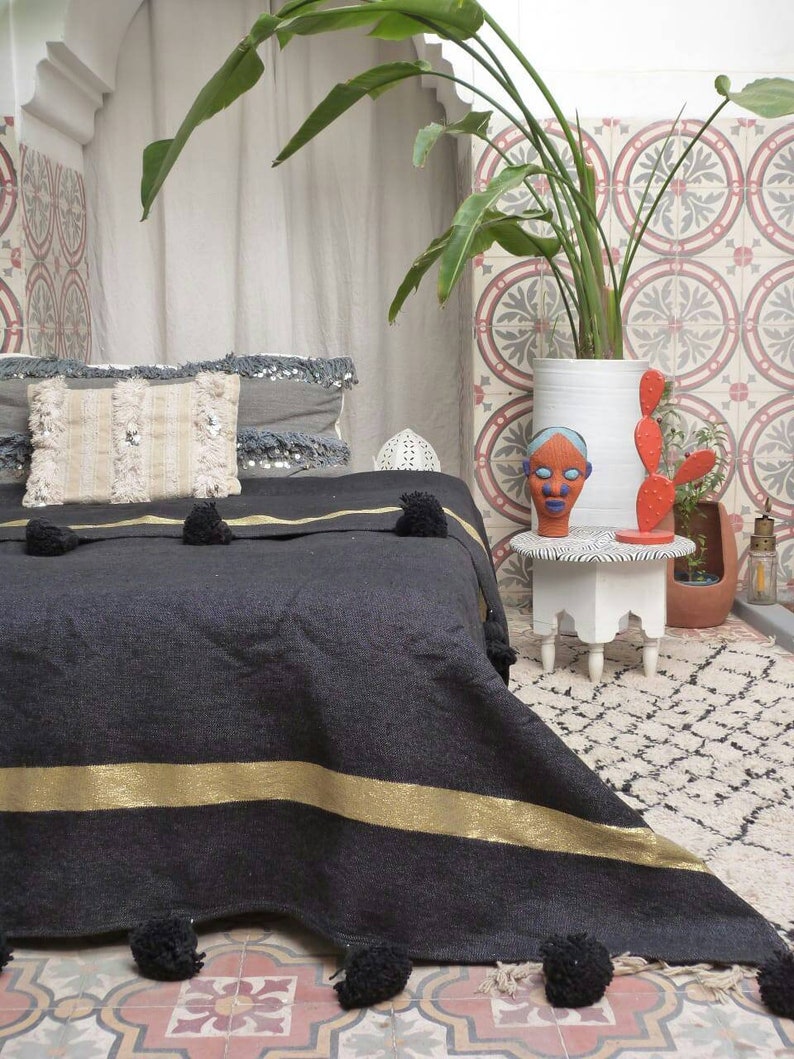 Black Moroccan Pom Pom Blankets With Tassels Throw Blankets Etsy