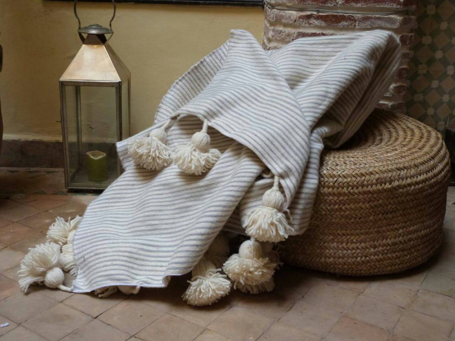 Moroccan Pom Pom Blankets With Tassels Throw Blankets Striped Etsy