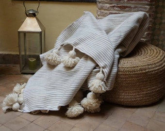 blanket with tassels throw blanket pompom, striped bed blanket,cover bed, wool blanket,handmade blanket,white gray throw