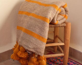 FREE S Moroccan blanket, pom pom blanket,bed spread,moroccan throw blanket,wool moroccan bedding,pompom throw blankets,berber moroccan decor