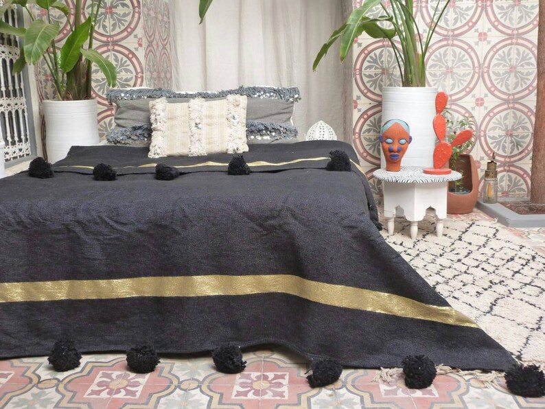 Black Moroccan Pom Pom Blankets With Tassels Throw Blankets Etsy