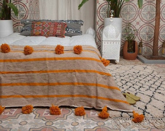 Moroccan orange throw blanket pom pom blankets bedspread moroccan throw blanket wool moroccan bedding pom pom blankets berber moroccan decor