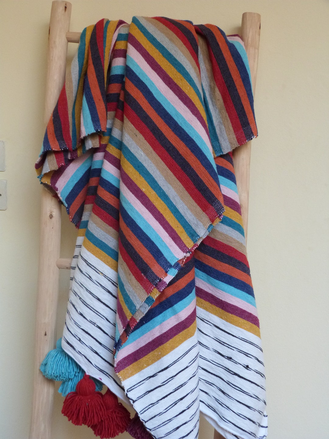 Moroccan Pom Pom Blankets With Tassels Throw Blankets,multicolored Striped Blankets,cover Bed