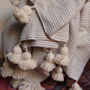 Moroccan pom pom blankets with tassels throw blankets, striped bed blankets,cover bed, wool blankets,handmade blanket,white gray blanket