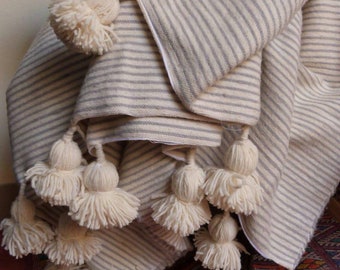 Moroccan pom pom blankets with tassels throw blankets, striped bed blankets,cover bed, wool blankets,handmade blanket,white gray blanket