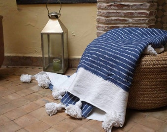 Moroccan pom pom blankets with tassels throw blankets, striped blankets,cover bed, cotton blankets,handmade blanket,white and blue blanket