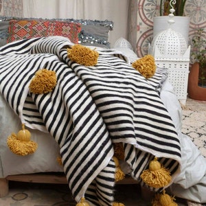 Black White wool striped throw moroccan pompom blanket