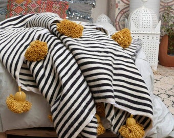 Black White wool striped throw moroccan pompom blanket