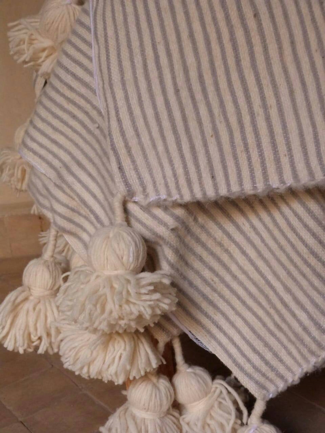 Moroccan Pom Pom Blankets With Tassels Throw Blankets Striped Etsy