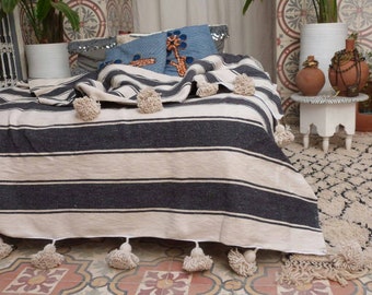 Beige and dark brown striped cotton throw moroccan pompom blanket, tassels throw blankets