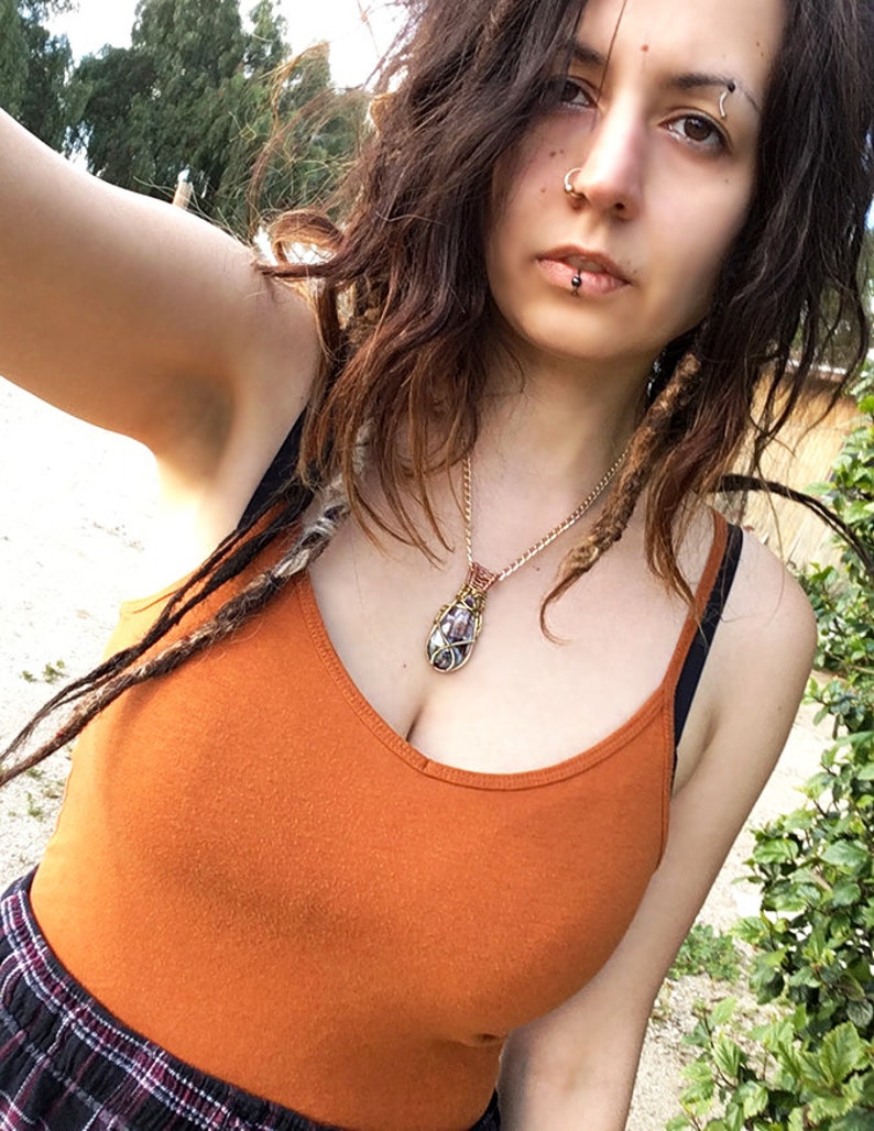Energy Art Statement Piece Crystal Healing Crazy Lace Agate Copper .925 Silver /& Brass Pendant Wire Wrap Necklace Festival Necklace