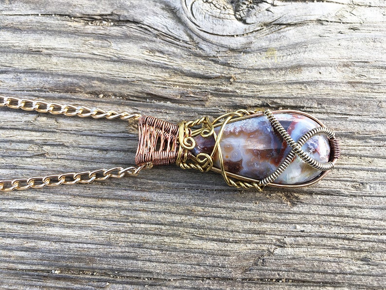 Energy Art Statement Piece Crystal Healing Crazy Lace Agate Copper .925 Silver /& Brass Pendant Wire Wrap Necklace Festival Necklace