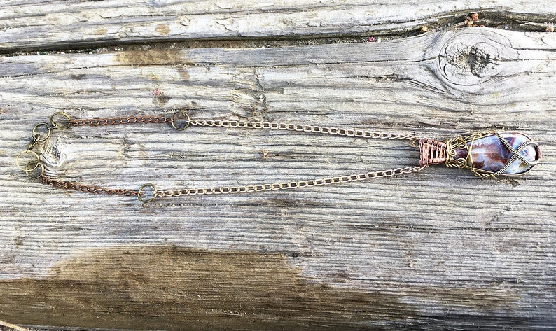 Energy Art Statement Piece Crystal Healing Crazy Lace Agate Copper .925 Silver /& Brass Pendant Wire Wrap Necklace Festival Necklace
