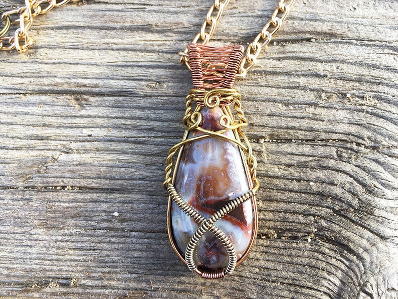 Energy Art Statement Piece Crystal Healing Crazy Lace Agate Copper .925 Silver /& Brass Pendant Wire Wrap Necklace Festival Necklace
