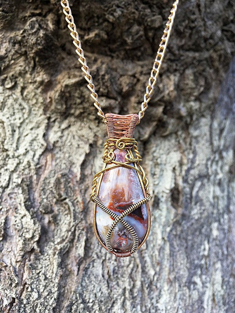 Energy Art Statement Piece Crystal Healing Crazy Lace Agate Copper .925 Silver /& Brass Pendant Wire Wrap Necklace Festival Necklace
