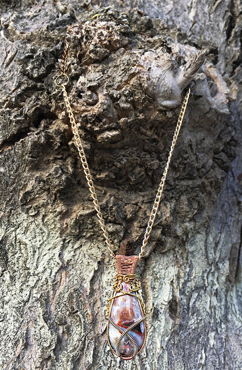 Energy Art Statement Piece Crystal Healing Crazy Lace Agate Copper .925 Silver /& Brass Pendant Wire Wrap Necklace Festival Necklace