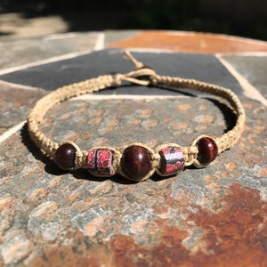 Beaded Hemp Anklet: Floral Polymer Clay & Wood Beads, Boho Hippie Style